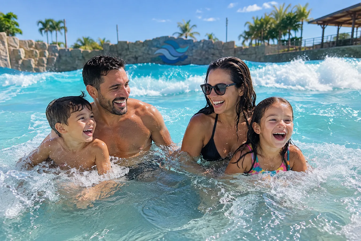 Família sorrindo e brincando nas ondas da Piscina de Ondas do Águas Clara Resort