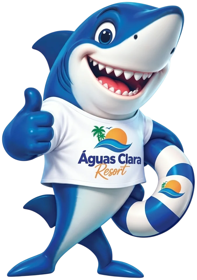 Mascote tubarão do Águas Clara Resort fazendo joinha